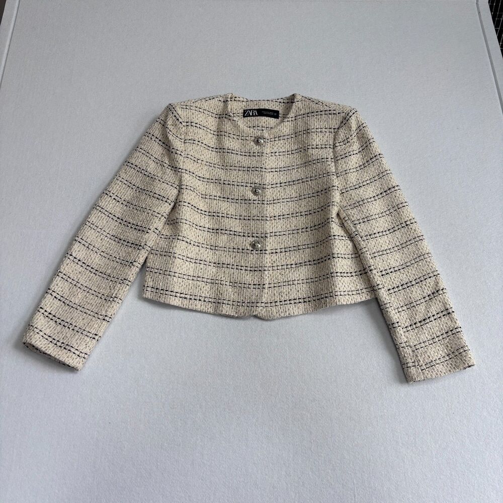 Zara Crop Tweed Blazer Jacket Women's M Off White Cream Preppy Old Money